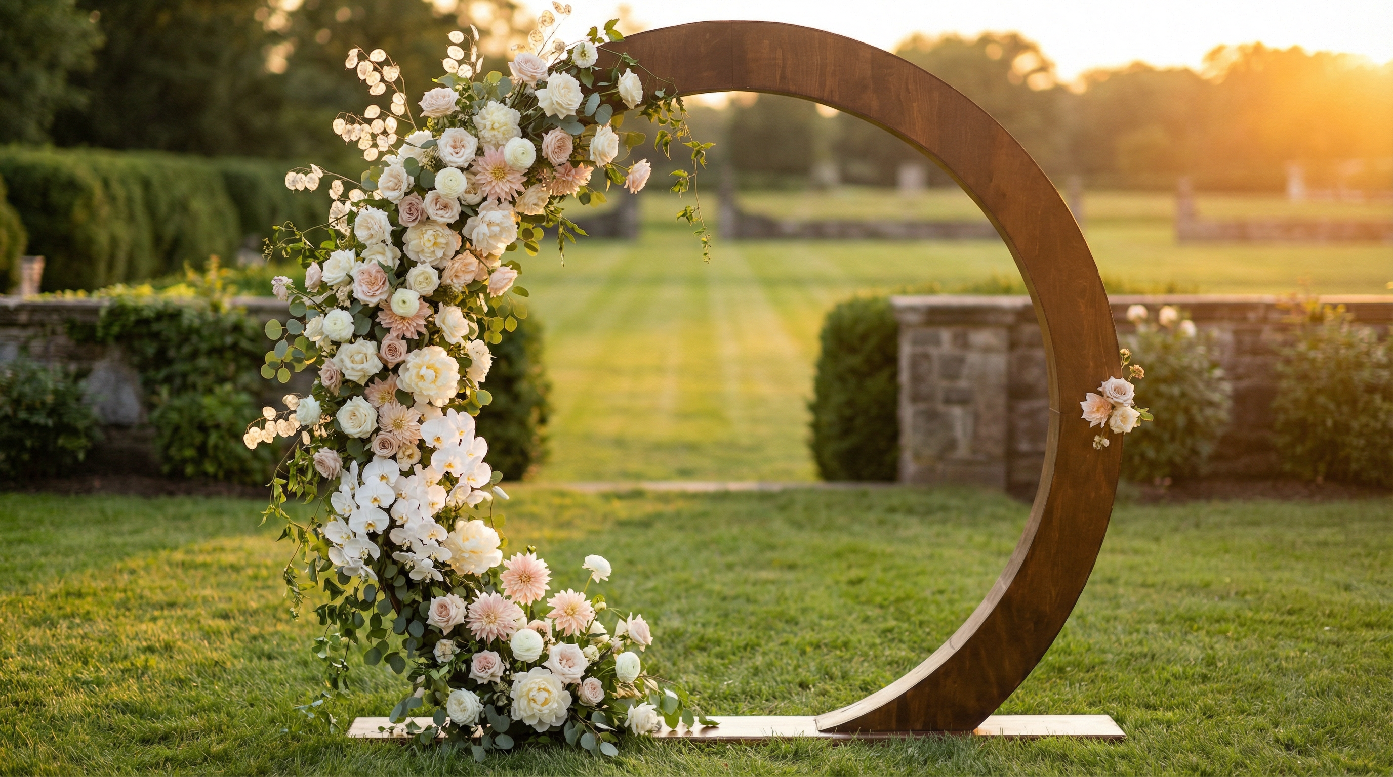 Luxury dark walnut circular ceremony arch at golden hour