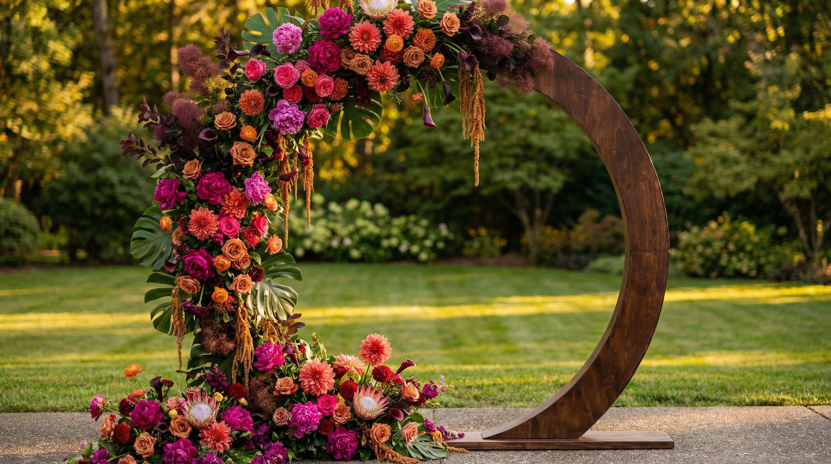 Bold floral installation on the dark walnut ceremony arch