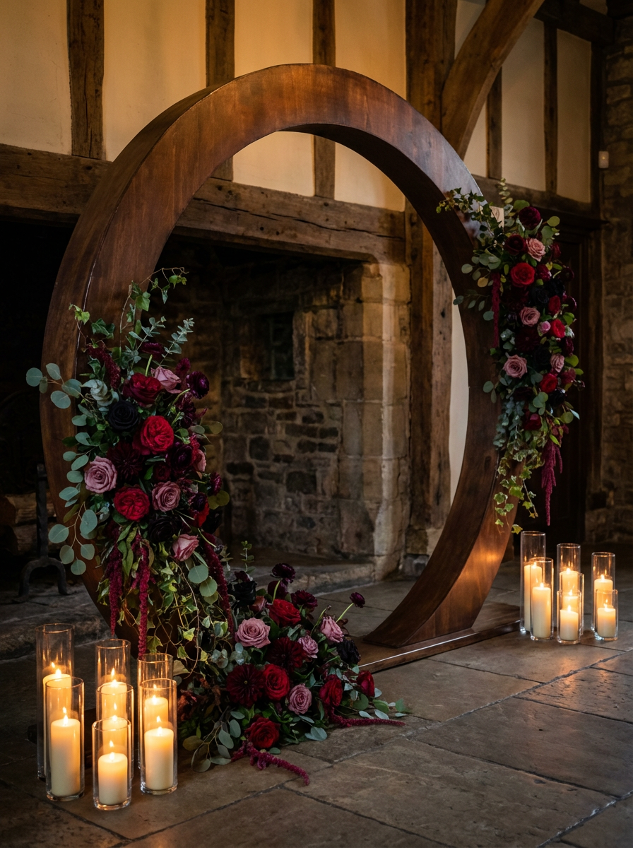 Candlelit ceremony arch with deep burgundy roses and pillar candles