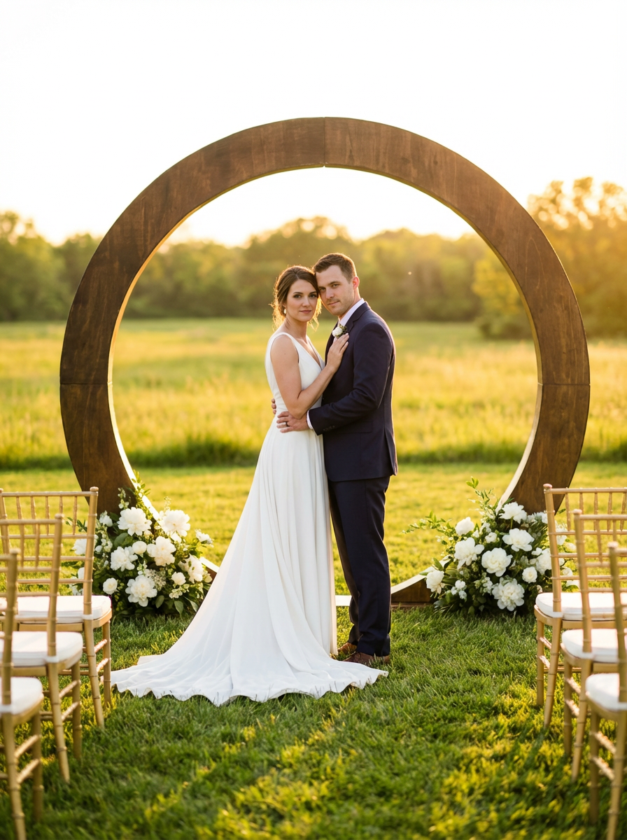 Couple sharing a tender moment framed by the circular ceremony arch