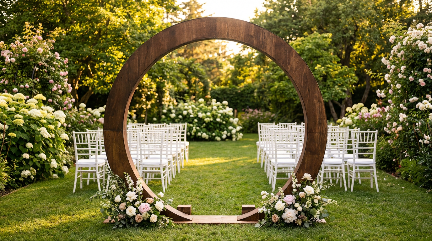 Ceremony arch set in a lush garden with golden hour light