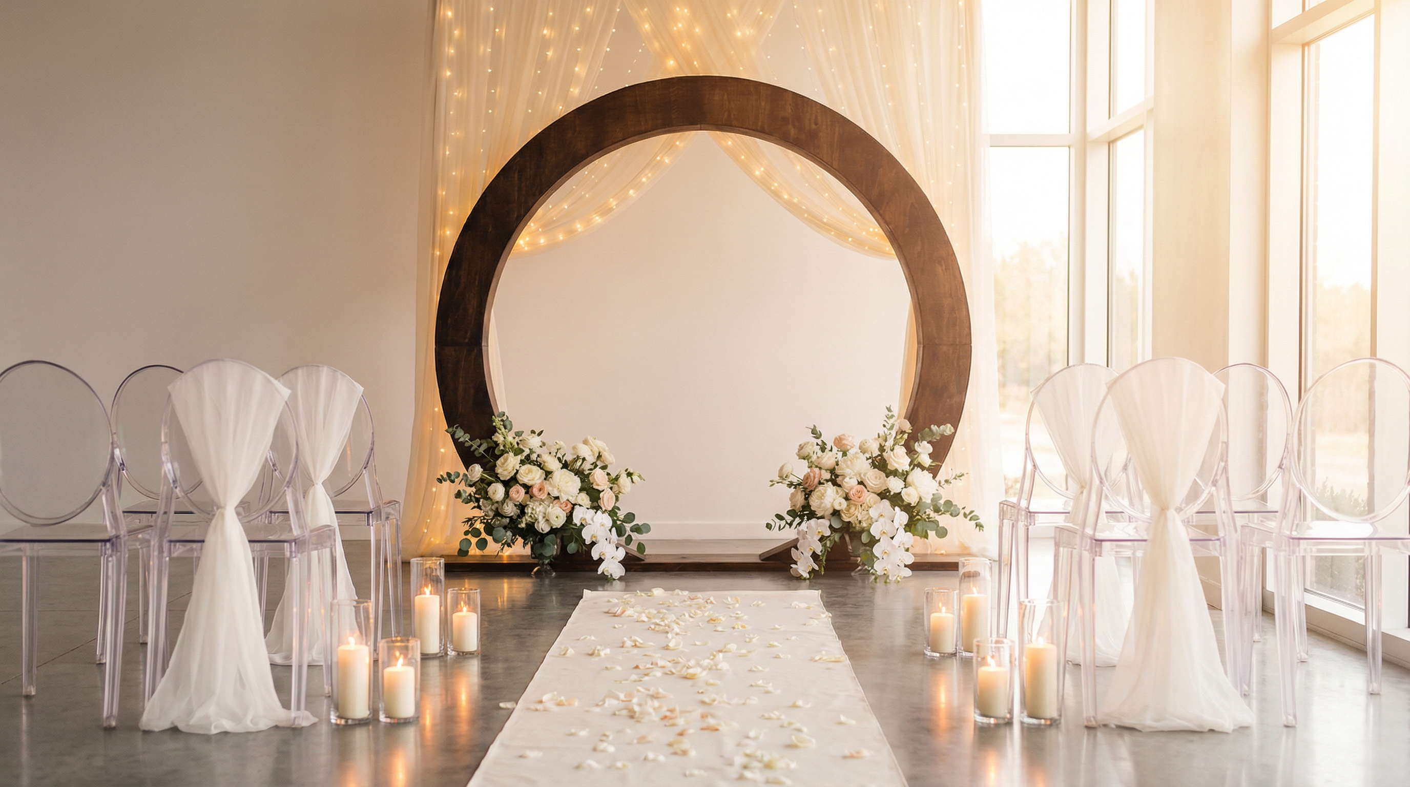 Golden hour ceremony with the arch draped in blush garden roses