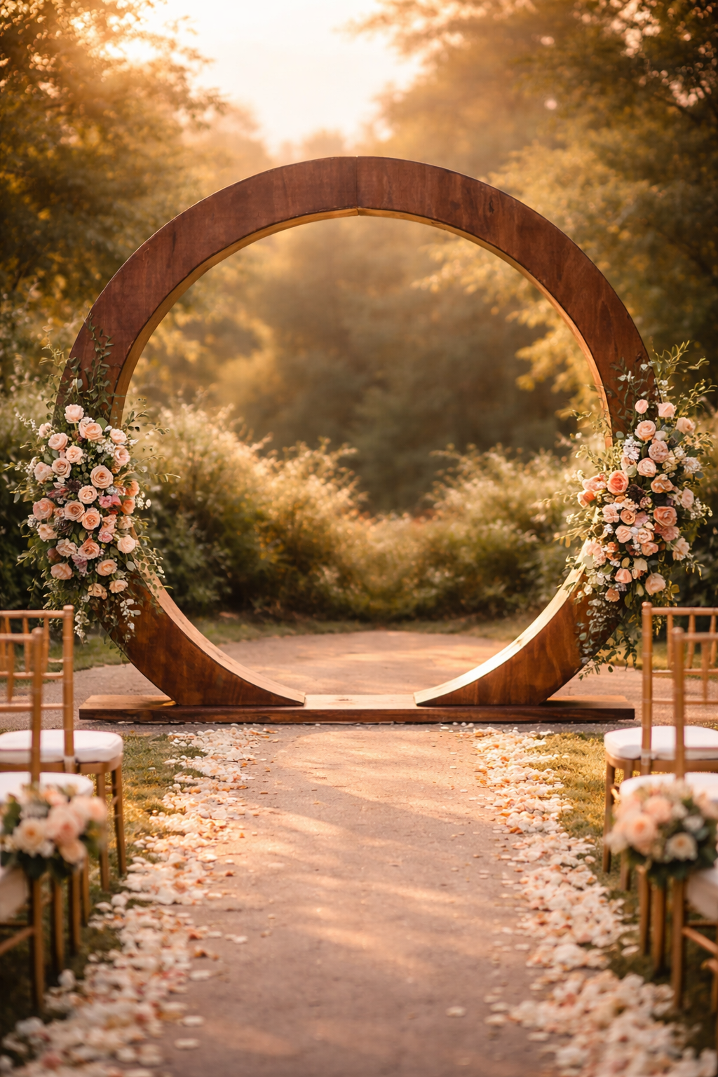 Circular birchwood ceremony arch in a garden — base and open-bottom threshold fully visible