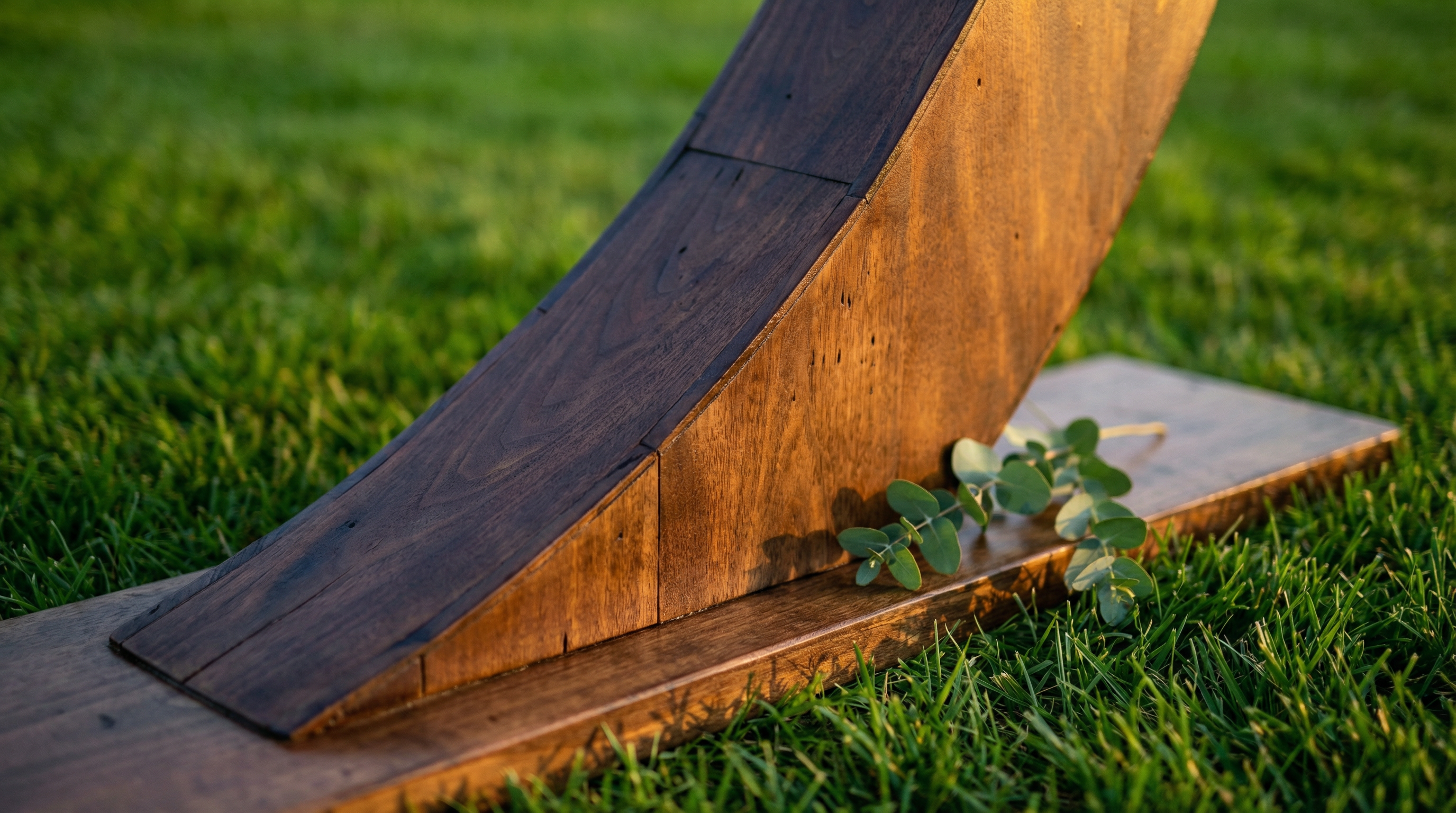 Hand-stained dark walnut wood grain detail of the ceremony arch